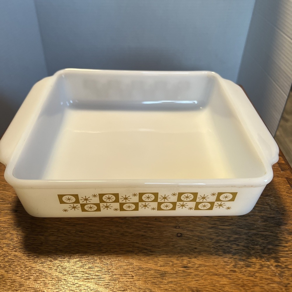 Vtg Fire King Gold Atomic Starburst Milk Glass Casserole Dish Square MCM 8in